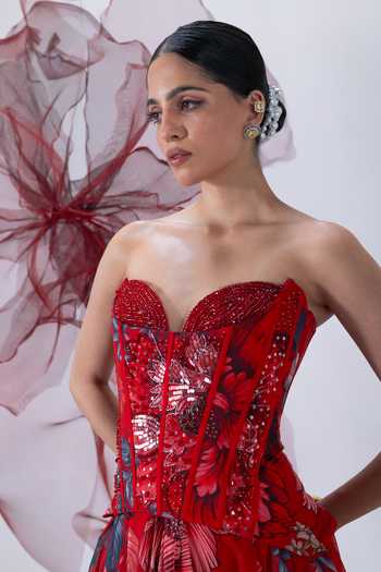 Buy_Vesture_Red Organza Sequins, Beads Phoolandevi Printed Skirt And Embroidered Corset Set _Online_at_Aza_Fashions