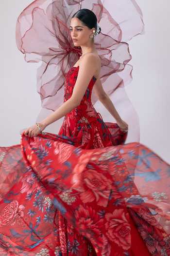Shop_Vesture_Red Organza Sequins, Beads Phoolandevi Printed Skirt And Embroidered Corset Set _Online_at_Aza_Fashions