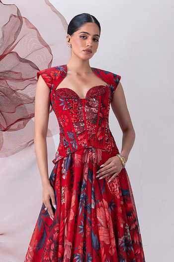 Vesture Red Organza Sequins, Beads Phoolandevi Printed Skirt And Embroidered Corset Set at Aza Fashions Vesture_Red Organza Sequins, Beads Phoolandevi Printed Skirt And Embroidered Corset Set _at_Aza_Fashions