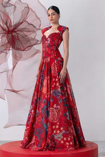 Buy_Vesture_Red Organza Sequins, Beads Phoolandevi Printed Skirt And Embroidered Corset Set 