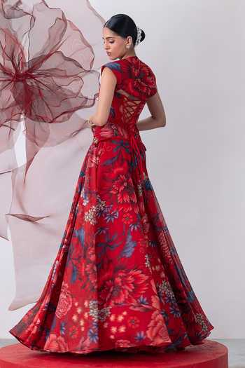 Shop_Vesture_Red Organza Sequins, Beads Phoolandevi Printed Skirt And Embroidered Corset Set 