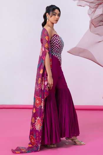 Vesture Rimjhim Print Cape Sharara Set 