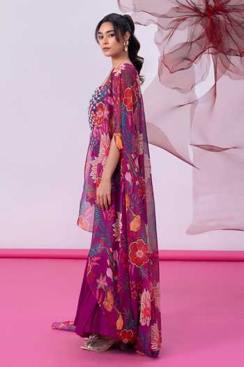 Buy_Vesture_Purple Organza, Crepe Beads, Pearls Bandeau Neck Rimjhim Print Cape Sharara Set _Online_at_Aza_Fashions