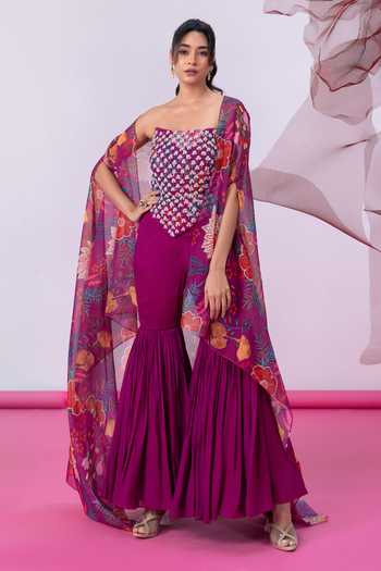 Vesture Rimjhim Print Cape Sharara Set 