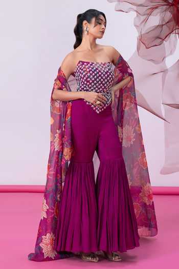 Shop_Vesture_Purple Organza, Crepe Beads, Pearls Bandeau Neck Rimjhim Print Cape Sharara Set _Online_at_Aza_Fashions
