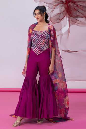 Vesture_Purple Organza, Crepe Beads, Pearls Bandeau Neck Rimjhim Print Cape Sharara Set _at_Aza_Fashions