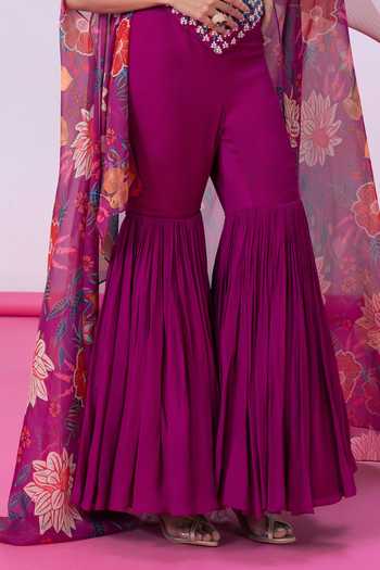 Buy Vesture Purple Organza, Crepe Beads, Pearls Bandeau Neck Rimjhim Print Cape Sharara Set Buy_Vesture_Purple Organza, Crepe Beads, Pearls Bandeau Neck Rimjhim Print Cape Sharara Set