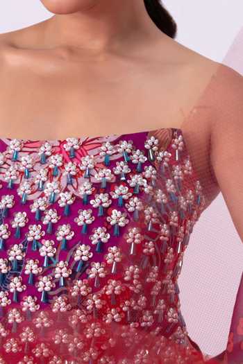 Shop Vesture Purple Organza, Crepe Beads, Pearls Bandeau Neck Rimjhim Print Cape Sharara Set Shop_Vesture_Purple Organza, Crepe Beads, Pearls Bandeau Neck Rimjhim Print Cape Sharara Set