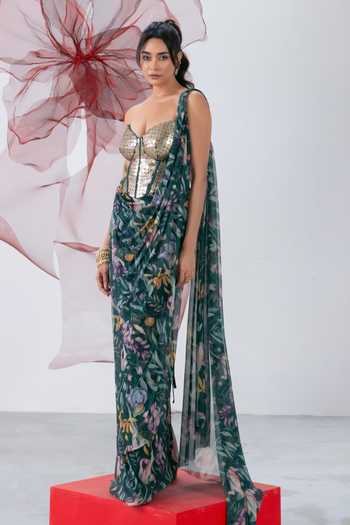 Buy_Vesture_Green Lycra, Mesh Sequins Sweetheart Ruhani Printed Pre-draped Saree With Corset _Online_at_Aza_Fashions