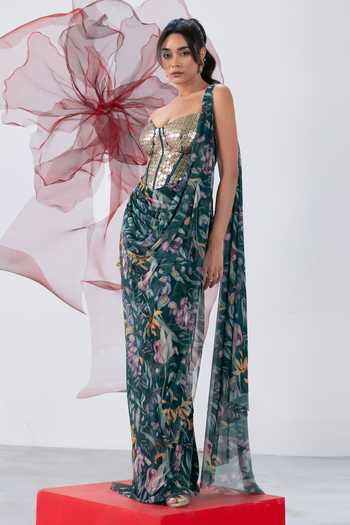 Vesture Ruhani Printed Pre-Draped Saree With Corset 