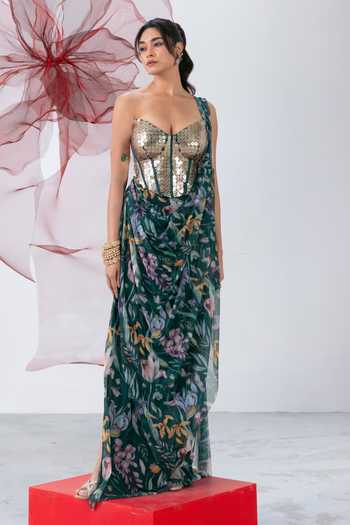 Shop_Vesture_Green Lycra, Mesh Sequins Sweetheart Ruhani Printed Pre-draped Saree With Corset _Online_at_Aza_Fashions