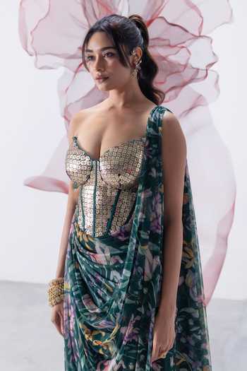 Vesture_Green Lycra, Mesh Sequins Sweetheart Ruhani Printed Pre-draped Saree With Corset _at_Aza_Fashions