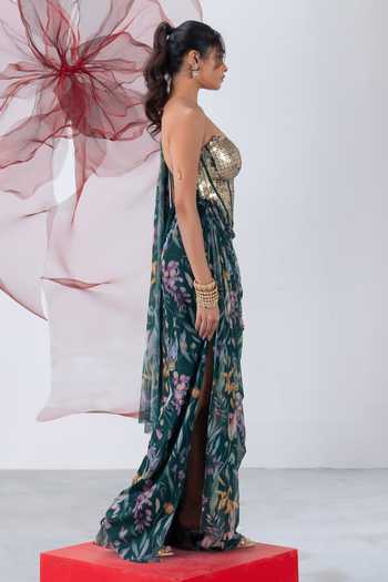 Buy_Vesture_Green Lycra, Mesh Sequins Sweetheart Ruhani Printed Pre-draped Saree With Corset 