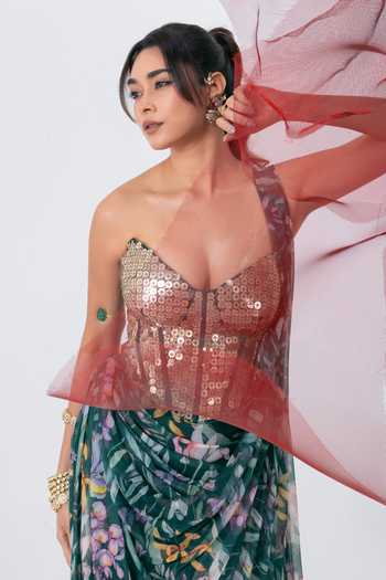 Shop_Vesture_Green Lycra, Mesh Sequins Sweetheart Ruhani Printed Pre-draped Saree With Corset 