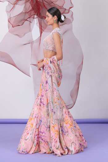 Shop_Vesture_Peach Lurex, Chiffon Sweetheart Shabnami Embroidered Blouse Printed Lehenga Set _Online_at_Aza_Fashions