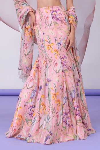Vesture Peach Lurex, Chiffon Sweetheart Shabnami Embroidered Blouse Printed Lehenga Set at Aza Fashions Vesture_Peach Lurex, Chiffon Sweetheart Shabnami Embroidered Blouse Printed Lehenga Set _at_Aza_Fashions