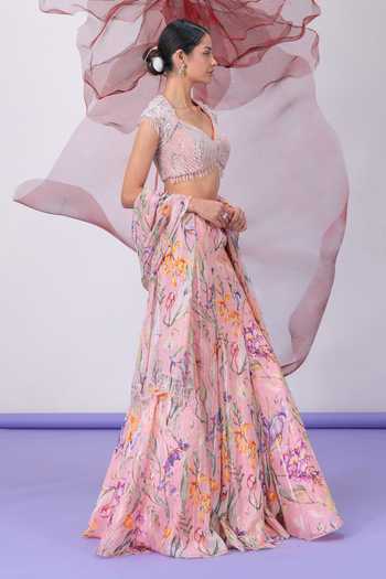 Buy_Vesture_Peach Lurex, Chiffon Sweetheart Shabnami Embroidered Blouse Printed Lehenga Set 
