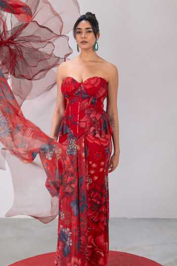 Shop_Vesture_Red Lycra, Mesh Sweetheart Neck Shola Printed Draped Skirt Set _Online_at_Aza_Fashions