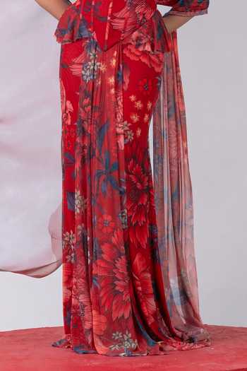 Vesture_Red Lycra, Mesh Sweetheart Neck Shola Printed Draped Skirt Set _at_Aza_Fashions