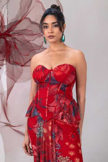 Shop_Vesture_Red Lycra, Mesh Sweetheart Neck Shola Printed Draped Skirt Set 