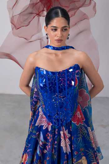 Buy_Vesture_Blue Organza Mirrors Bandeau Neck Suroor Embellished Corset Printed Lehenga Set _Online_at_Aza_Fashions