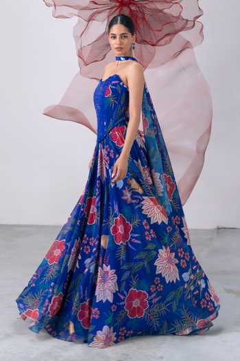 Buy_Vesture_Blue Organza Mirrors Bandeau Neck Suroor Embellished Corset Printed Lehenga Set 