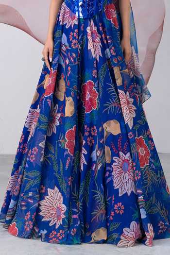 Shop Vesture Blue Organza Mirrors Bandeau Neck Suroor Embellished Corset Printed Lehenga Set Shop_Vesture_Blue Organza Mirrors Bandeau Neck Suroor Embellished Corset Printed Lehenga Set