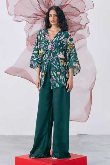 Buy_Vesture_Emerald Green Crepe V-neck Tamanna Print Top And Slit Pant Set _Online_at_Aza_Fashions