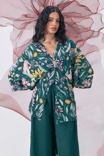 Shop_Vesture_Emerald Green Crepe V-neck Tamanna Print Top And Slit Pant Set _Online_at_Aza_Fashions