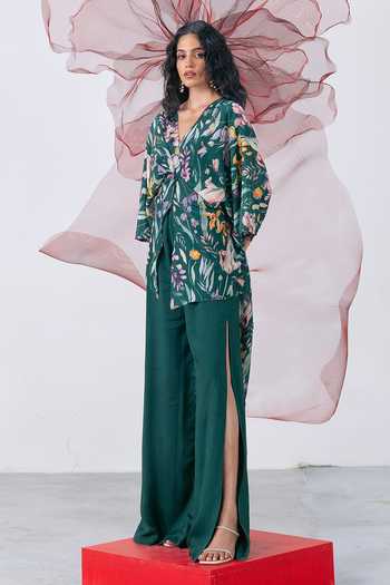 Shop_Vesture_Emerald Green Crepe V-neck Tamanna Print Top And Slit Pant Set 