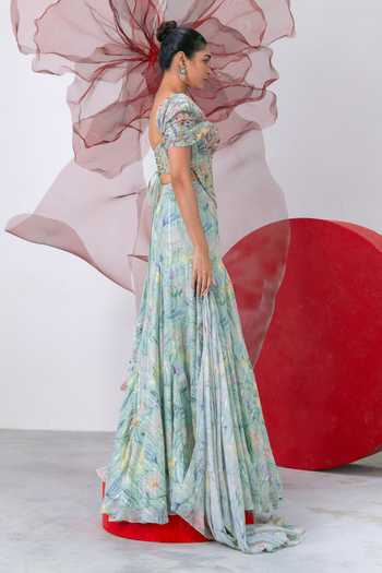 Buy_Vesture_Green Chiffon, Lurex Sequins, Teekhi Kali Printed Corset And Flared Skirt Set _Online_at_Aza_Fashions