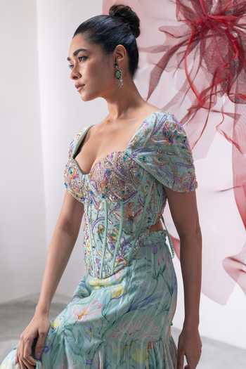 Shop_Vesture_Green Chiffon, Lurex Sequins, Teekhi Kali Printed Corset And Flared Skirt Set _Online_at_Aza_Fashions