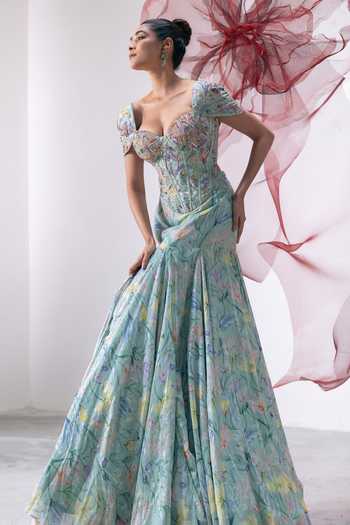 Vesture_Green Chiffon, Lurex Sequins, Teekhi Kali Printed Corset And Flared Skirt Set _at_Aza_Fashions