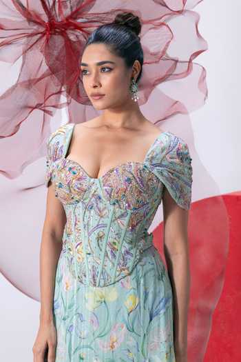 Buy_Vesture_Green Chiffon, Lurex Sequins, Teekhi Kali Printed Corset And Flared Skirt Set 
