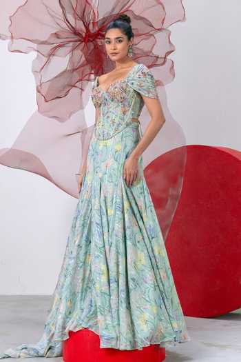 Shop_Vesture_Green Chiffon, Lurex Sequins, Teekhi Kali Printed Corset And Flared Skirt Set 