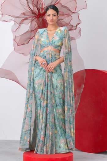 Vesture Titli Cape Sleeve Draped Gown 