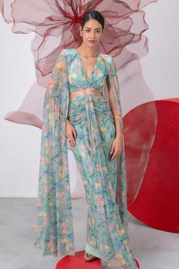 Buy_Vesture_Green Mesh, Lycra V-neck Titli Cape Sleeve Draped Gown _Online_at_Aza_Fashions