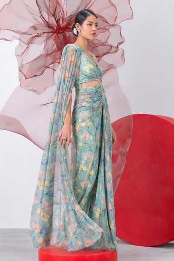 Shop_Vesture_Green Mesh, Lycra V-neck Titli Cape Sleeve Draped Gown _Online_at_Aza_Fashions