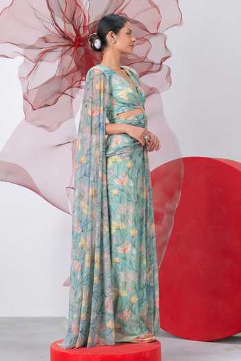 Vesture_Green Mesh, Lycra V-neck Titli Cape Sleeve Draped Gown _at_Aza_Fashions