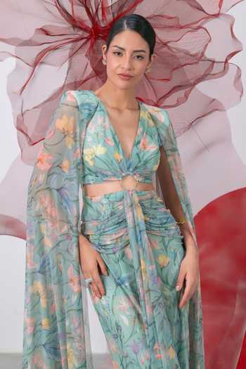 Shop_Vesture_Green Mesh, Lycra V-neck Titli Cape Sleeve Draped Gown 