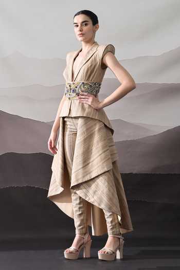 Samant Chauhan_Beige Tussar, Silk V-neck Embellished Top And Pant Set _Online_at_Aza_Fashions