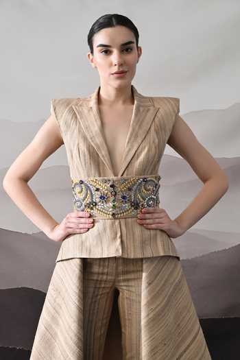 Buy_Samant Chauhan_Beige Tussar, Silk V-neck Embellished Top And Pant Set _Online_at_Aza_Fashions