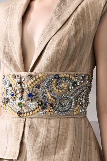 Shop_Samant Chauhan_Beige Tussar, Silk V-neck Embellished Top And Pant Set _Online_at_Aza_Fashions