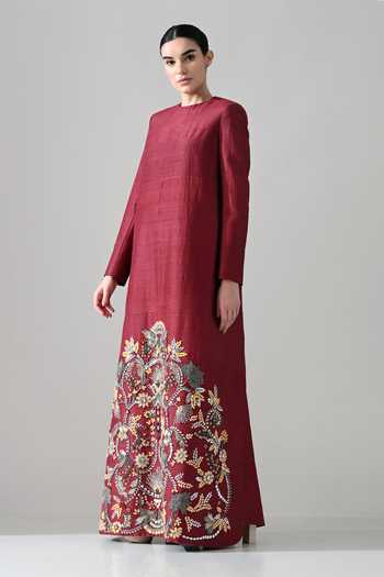 Samant Chauhan Maroon Silk, Cotton Round Neck Hand Embroidered Structured Dress Online at Aza Fashions Samant Chauhan_Maroon Silk, Cotton Round Neck Hand Embroidered Structured Dress _Online_at_Aza_Fashions