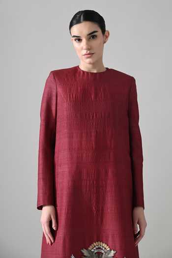 Shop Samant Chauhan Maroon Silk, Cotton Round Neck Hand Embroidered Structured Dress Online at Aza Fashions Shop_Samant Chauhan_Maroon Silk, Cotton Round Neck Hand Embroidered Structured Dress _Online_at_Aza_Fashions