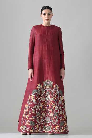 Samant Chauhan Maroon Silk, Cotton Round Neck Hand Embroidered Structured Dress at Aza Fashions Samant Chauhan_Maroon Silk, Cotton Round Neck Hand Embroidered Structured Dress _at_Aza_Fashions