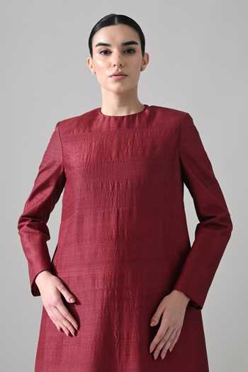 Buy Samant Chauhan Maroon Silk, Cotton Round Neck Hand Embroidered Structured Dress Buy_Samant Chauhan_Maroon Silk, Cotton Round Neck Hand Embroidered Structured Dress
