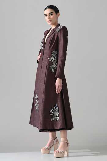 Samant Chauhan_Brown Silk, Tussar V-neck Hand Embroidered Tailored Dress _Online_at_Aza_Fashions