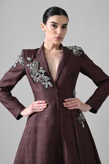 Buy_Samant Chauhan_Brown Silk, Tussar V-neck Hand Embroidered Tailored Dress _Online_at_Aza_Fashions