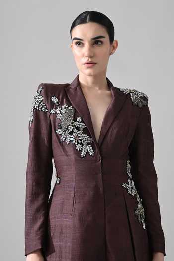 Shop_Samant Chauhan_Brown Silk, Tussar V-neck Hand Embroidered Tailored Dress _Online_at_Aza_Fashions